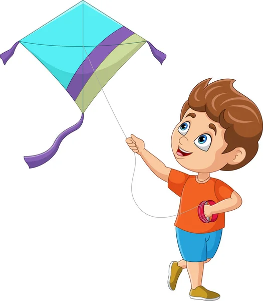 Vector Illustration Cartoon Happy Little Boy Playing Kite — Stock Vector