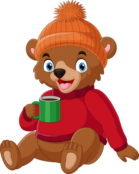 Vektorová Ilustrace Cartoon Medvěd Nosí Svetr Klobouk Drží Horkou Kávu — Stockový vektor
