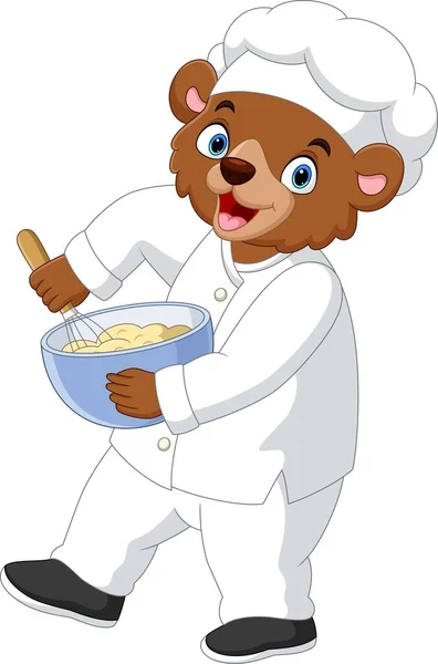 Vector Illustration Cartoon Bear Chef Stirring Dough — Stock Vector