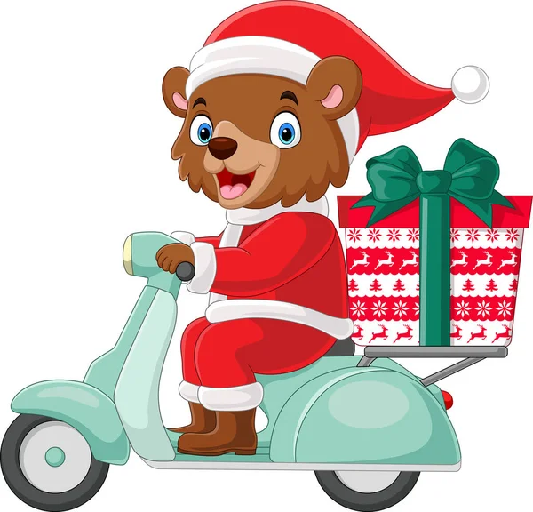 Vector Illustration Cartoon Bear Santa Claus Costume Delivering Gifts Scooter — Stock Vector