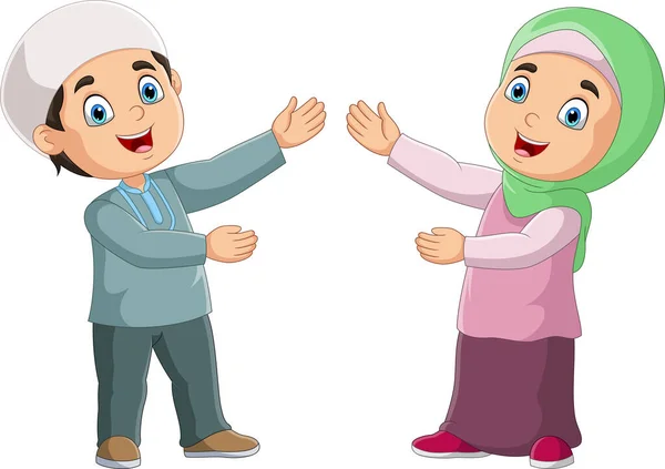 幸せなイスラム教徒の女の子と男の子の漫画のベクトルイラスト — ストックベクタ