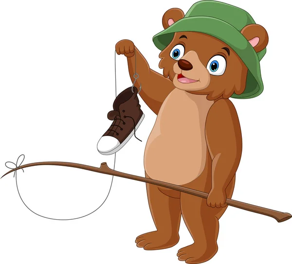 Vector Illustration Cute Bear Cartoon Fishing Caught Shoe — Stock Vector