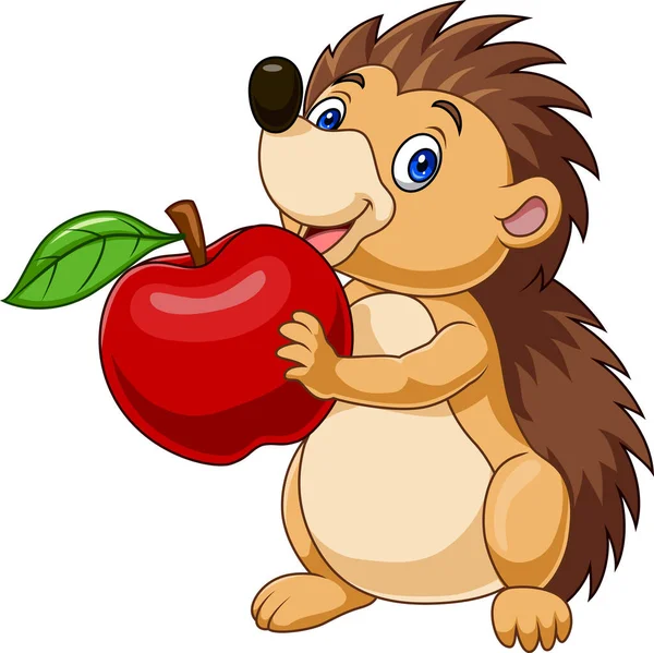 Vector Illustration Cartoon Baby Hedgehog Holding Red Apple — Stock Vector