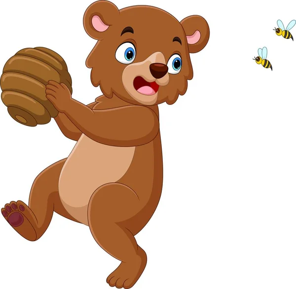Векторна Ілюстрація Милого Ведмедя Біжить Медовим Паличкою Від Розлючених Бджіл — стоковий вектор