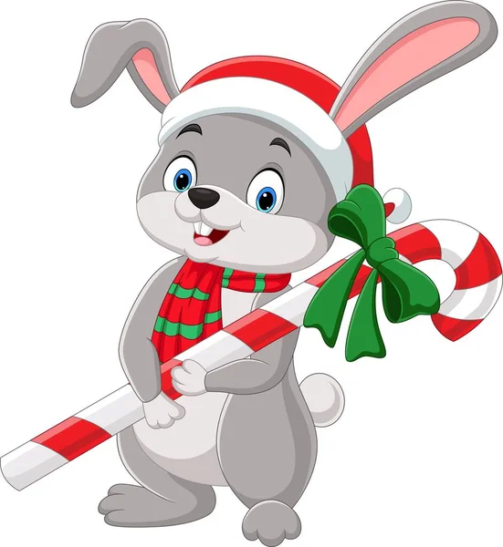 Vector Illustration Cartoon Rabbit Wearing Scarf Hat Holding Candy Cane — Stock Vector