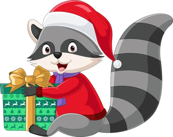 Vector Illustratie Van Cartoon Wasbeer Kerstman Kostuum Met Een Geschenkdoos — Stockvector