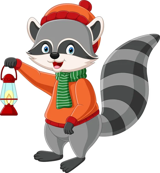 Vector Illustration Cartoon Raccoon Holding Lantern — Stock Vector
