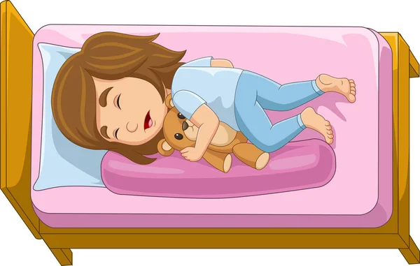 卡通小女孩与毛绒玩具熊睡在床上的病媒图解 — 图库矢量图片
