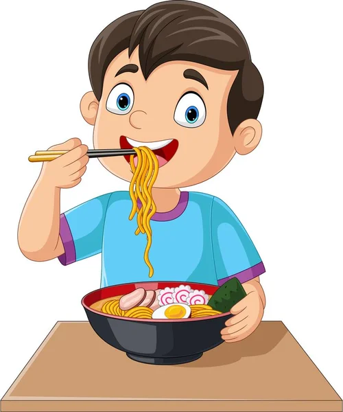 Vector Illustration Cartoon Little Boy Eating Ramen Noodle — Stock Vector