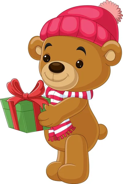Vector Illustration Cartoon Teddy Bear Wearing Scarf Hat Holding Gifts — Stock Vector