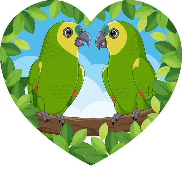 Çizgi Film Yeşil Papağanlar Vektör Illüstrasyonu Sevimli Çift — Stok Vektör
