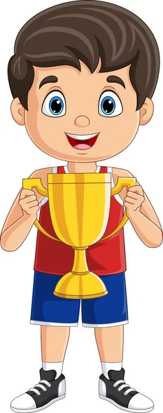 Vector Illustration Cartoon Little Boy Holding Gold Trophy — Stock Vector