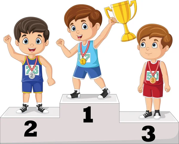 Απεικόνιση Διανυσματικών Παιδιών Μετάλλια Που Στέκονται Στο Βάθρο Και Κρατούν — Διανυσματικό Αρχείο