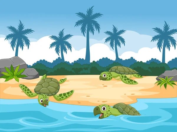Vector Illustration Cartoon Sea Turtles Beach — Stock Vector