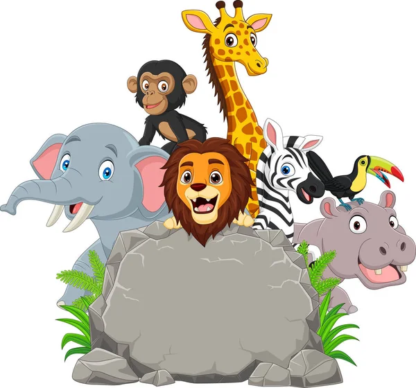 Vektorová Ilustrace Afrických Zvířat Prázdným Kamenným Znakem — Stockový vektor