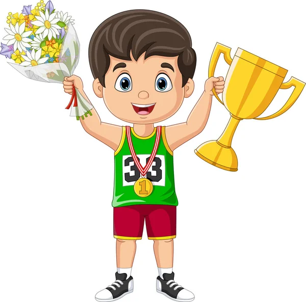 Illustrazione Vettoriale Del Bambino Dei Cartoni Animati Con Trofeo Oro — Vettoriale Stock