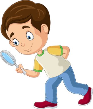 Çizgi film karakteri küçük çocuğun büyüteç kullanarak bir temsili çizimi.