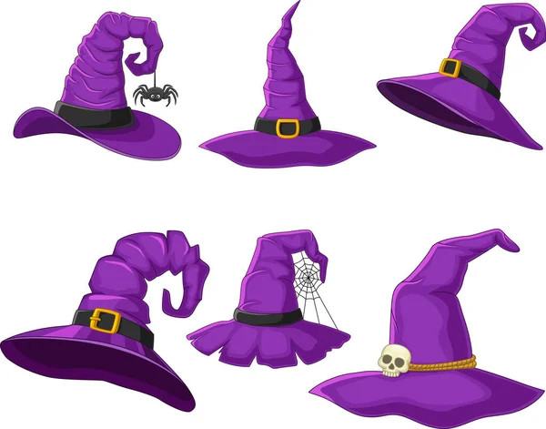 Vector Illustration Cartoon Purple Witch Hats Collection — Vector de stock
