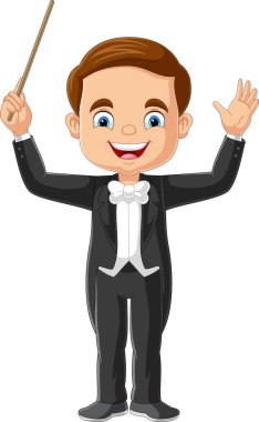 Cartoon boy orchestra conductor with pointer stick