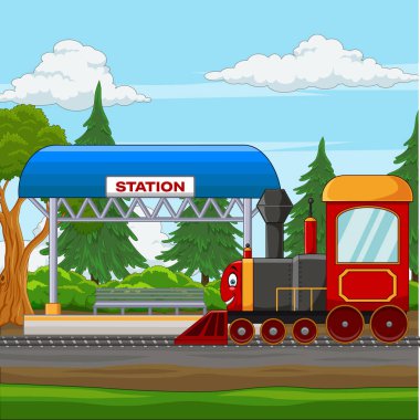 Vector illustration of Cartoon train with railway station in the village