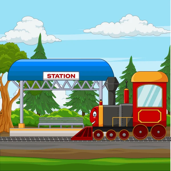 Vector Illustration Cartoon Train Railway Station Village — Stockvector