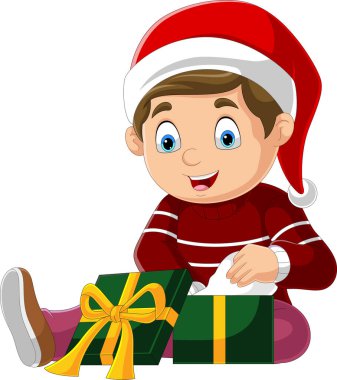 Vector illustration of Cartoon little boy opening present box
