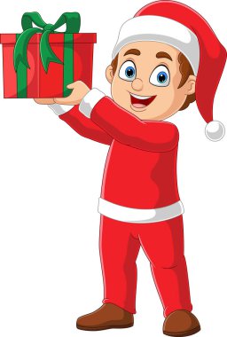 Vector illustration of Cartoon little boy in red clothes holding a gift