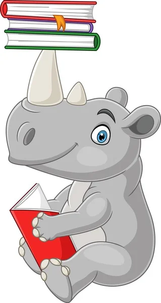 Illustration Cartoon Rhino Reading Book — Stock Vector