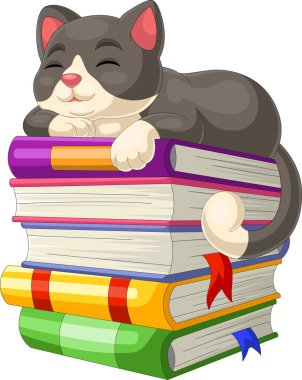 Kitap yığınının üzerinde uyuyan şirin kedi çizgi filmi.