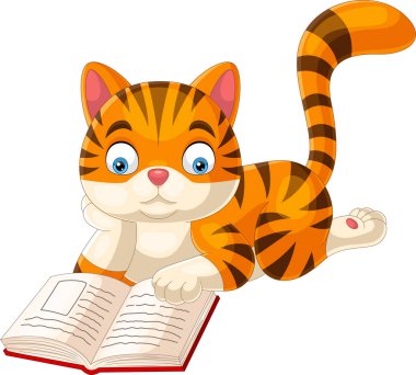 Kitap okuyan sevimli kedi çizgi filmi.