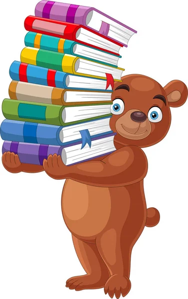 Ilustracja Niedźwiedzia Kreskówkowego Niosącego Stertę Książek — Wektor stockowy