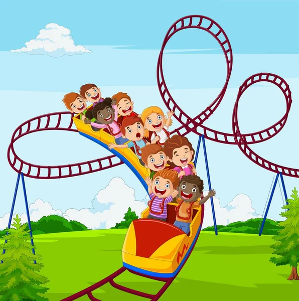 Çizgi Film Karakteri Küçük Çocuk Roller Coaster Oynuyor — Stok Vektör