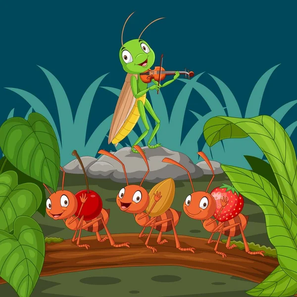Illustration Cartoon Ant Grasshopper Garden — Stock Vector