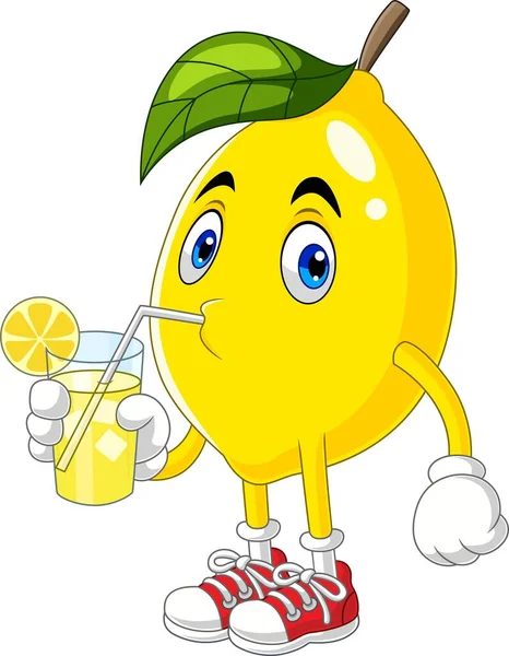 Vector Illustration Cute Lemon Cartoon Drinking Lemonade — Stock Vector