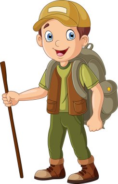 Vector illustration of Cartoon hiker boy with walking stick