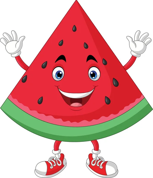 Vector Illustratie Van Schattige Watermeloen Cartoon Verhogen Handen — Stockvector