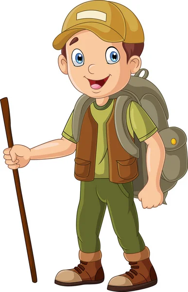 Vector Illustration Cartoon Hiker Boy Walking Stick — Stockový vektor