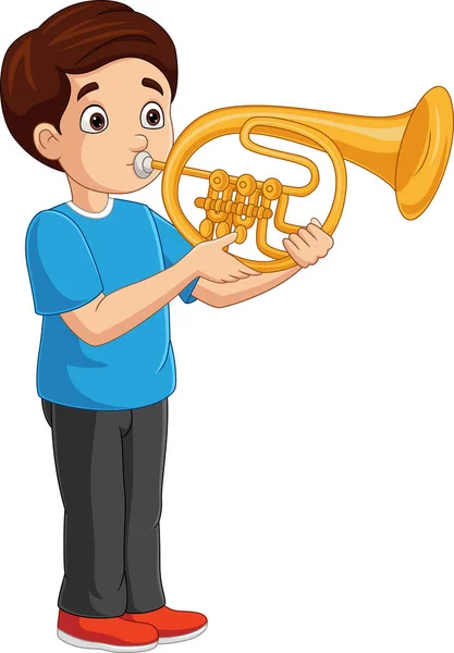 Vektor Illustration Tecknad Liten Pojke Spelar Gyllene Trumpet — Stock vektor