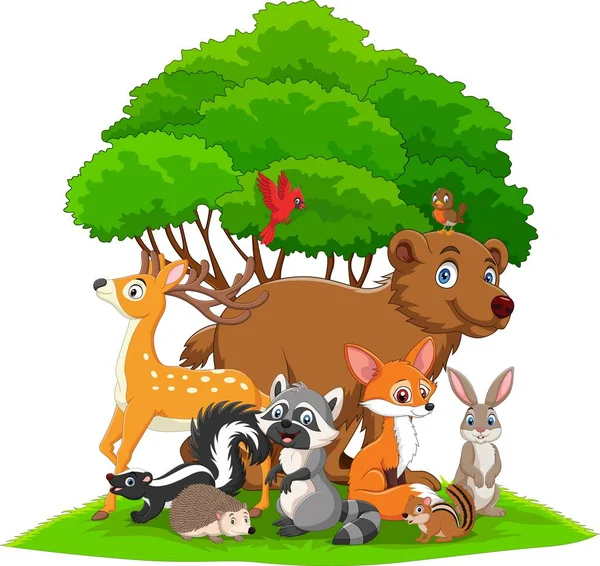 木の近くの漫画面白い野生動物のベクトルイラスト — ストックベクタ