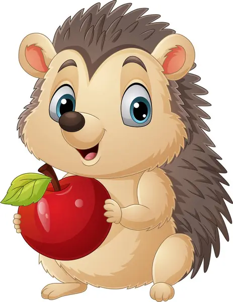 Vector Illustration Cartoon Little Hedgehog Holding Red Apple Stock Illustration