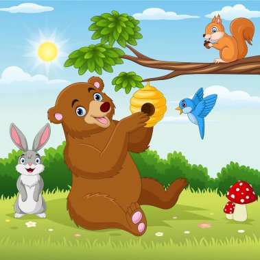 Vector illustration of Cartoon animals in forest background clipart