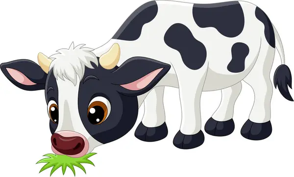 Διάνυσμα Εικονογράφηση Του Χαριτωμένο Μικρό Αγελάδα Κινούμενα Σχέδια Τρώει Γρασίδι Εικονογράφηση Αρχείου