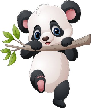 Çizgi film pandasının ağaç dalında asılı vektör çizimi