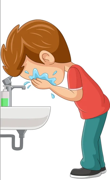 卡通小男孩在水槽里洗脸的矢量图解 免版税图库插图