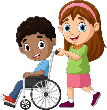Çizgi filmdeki küçük kızın tekerlekli sandalyedeki bir çocuğa yardım edişinin temsilcisi.
