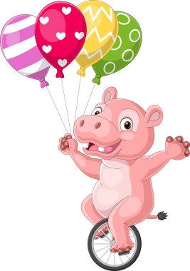 Çizgi film hipopotamlarının tek tekerli bisiklete binip renkli balonlar tutuş çizimleri.