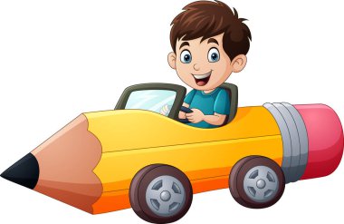 Çizgi filmci çocuk kalem araba kullanıyor.