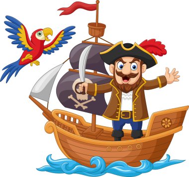 Ahşap bir gemide karikatür korsanı