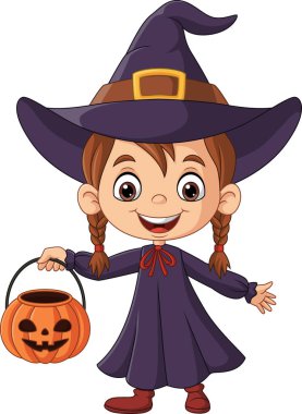 Cadı kostümü giymiş küçük bir kız elinde balkabağı kovası