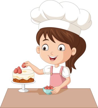 Küçük kız pastayı çilekli meyvelerle süslüyor.